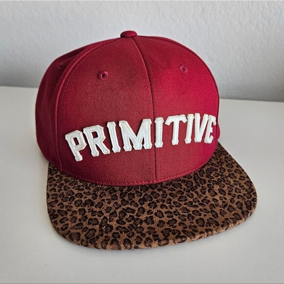 Primitive Spellout Logo Cheetah Print Cotton 6-panel Skateboard Red Snapback Hat - Picture 1 of 6